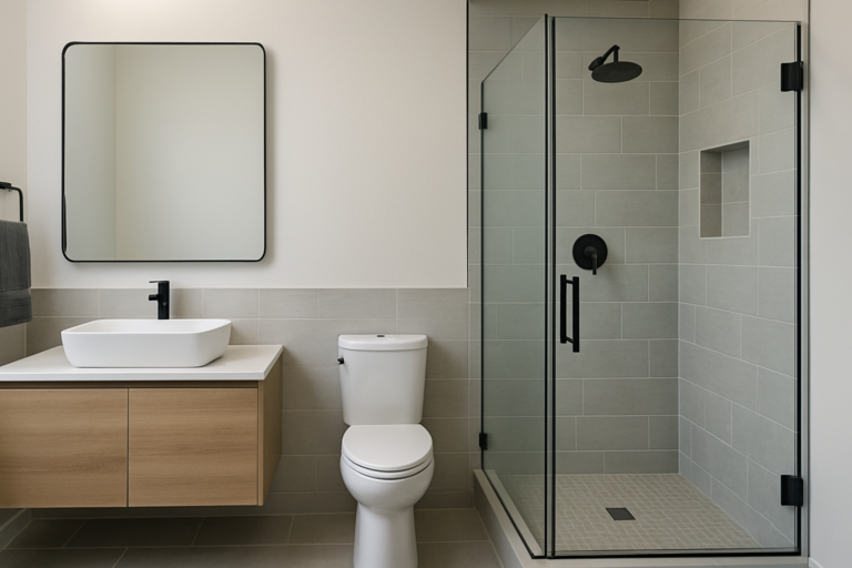 ACT - Agentic Construction Theme by: xobytes.com service card topper image generated from prompt: Main Prompt: Create a wide 16:9 service card topper image for a bathroom remode...