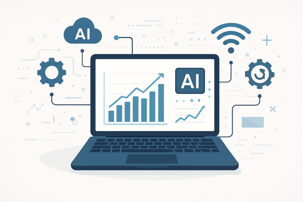 A digital workspace with a laptop, AI icons, and automation symbols representing innovative business solutions.