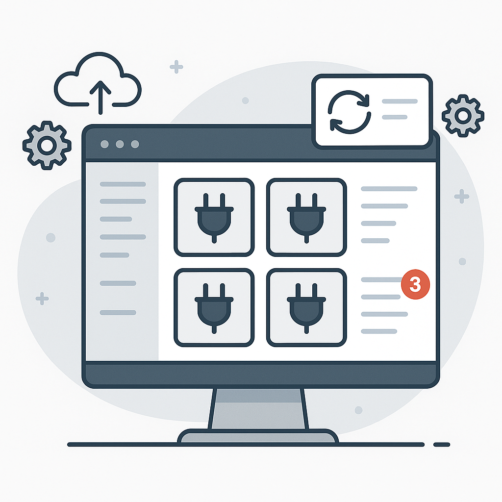 Illustration of a dashboard with plugin updates and cloud connectivity symbols for managing WordPress plugin updates.