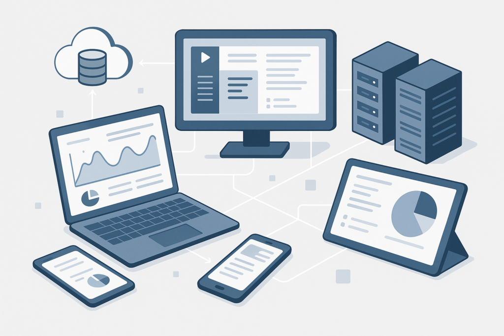 A sleek digital workspace with interconnected devices representing innovative technology and digital solutions.