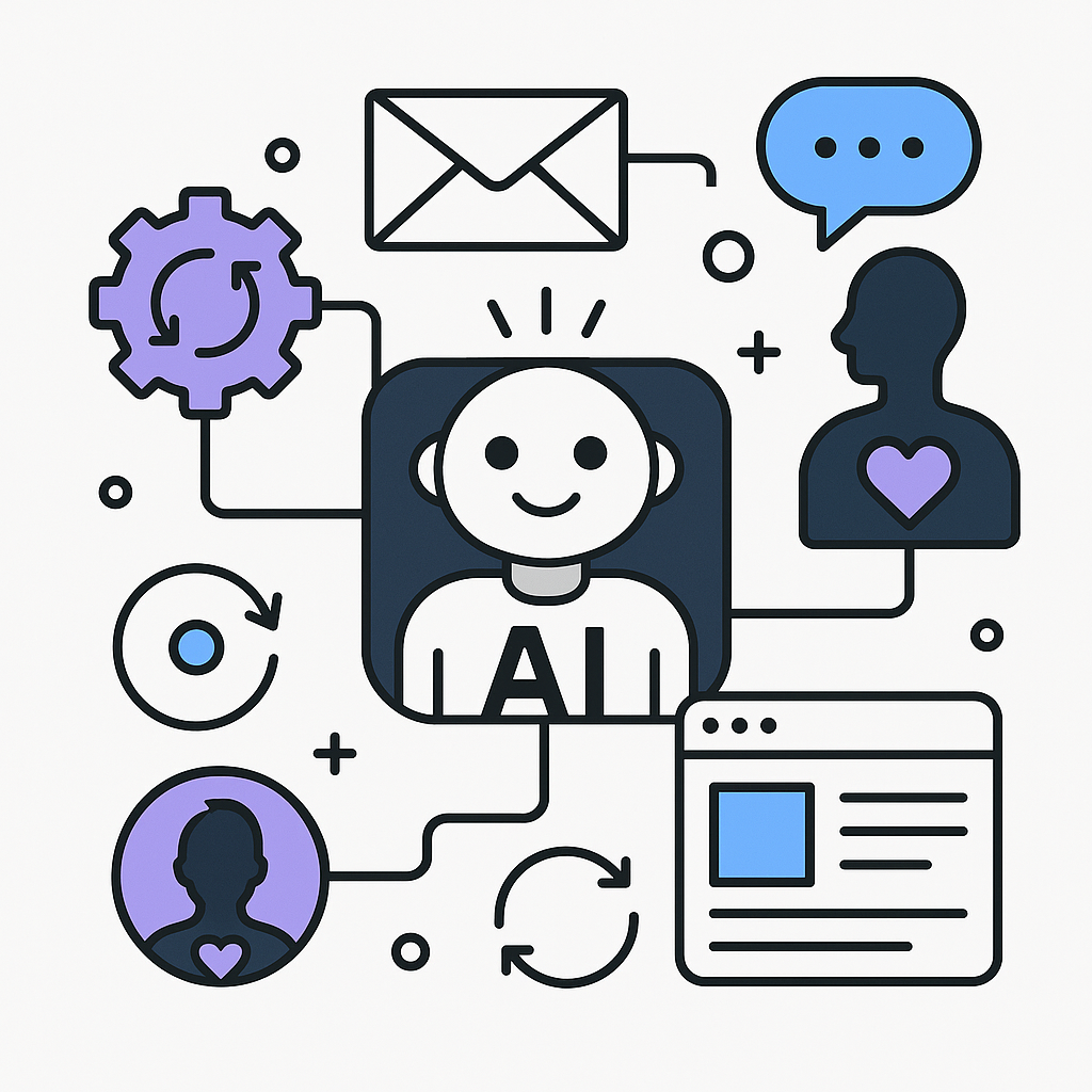 Illustration of interconnected digital tools and AI concepts representing automation and customer engagement for software solutions.