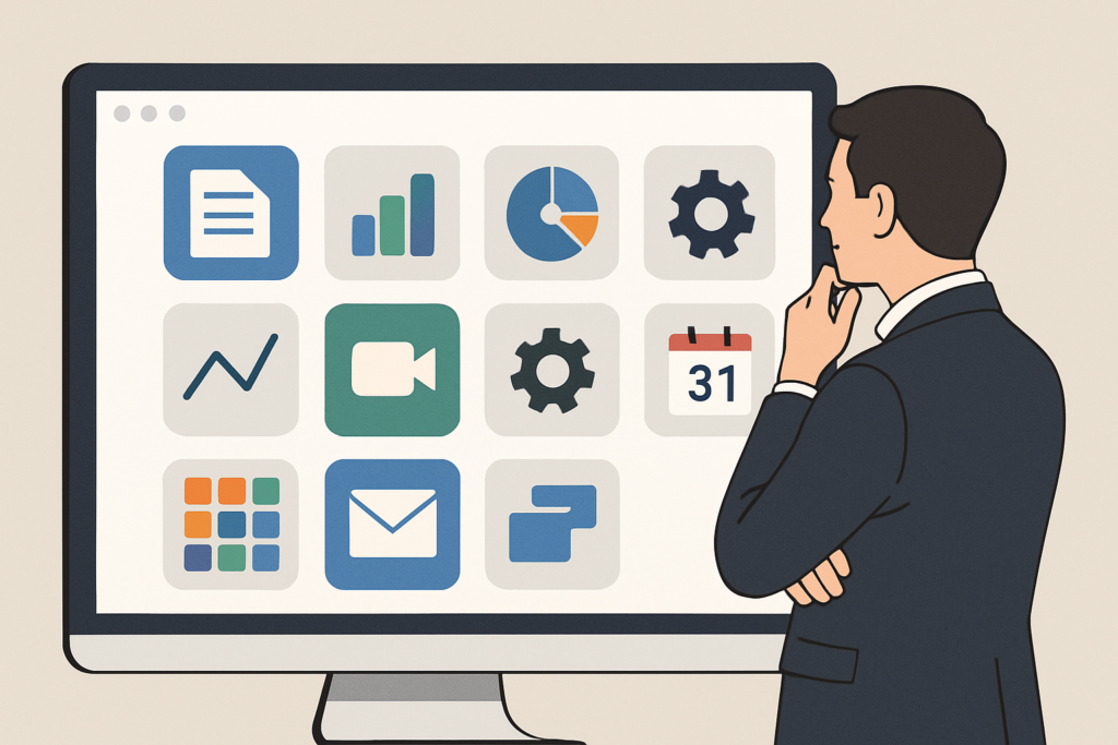 Business professional reviewing multiple software icons on a computer screen, representing off-the-shelf software options.