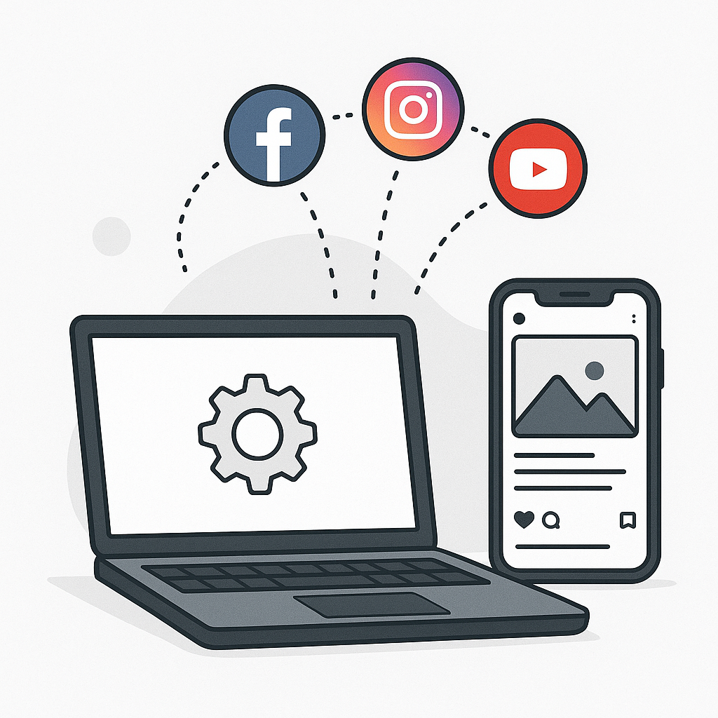 Illustration of a laptop and smartphone connected to social media icons, representing Instagram autoposting automation from WordPress.