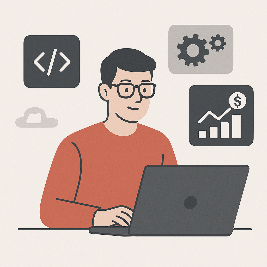 Illustration of a developer at a computer with icons representing code, gears, and charts for software development and pricing factors.