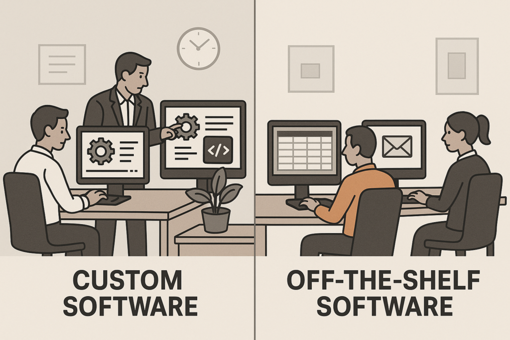 Comparison of custom software development and off-the-shelf software with two office scenes showing different workflows.