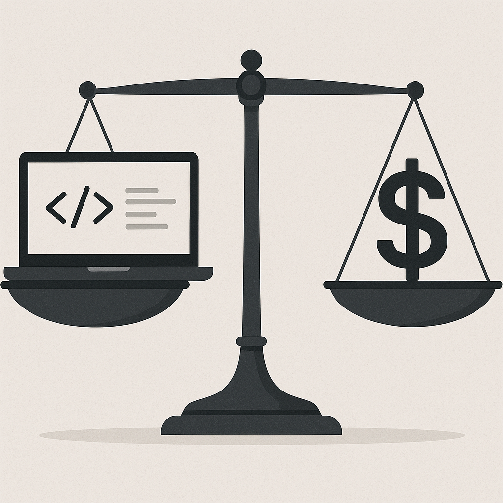 A balanced scale with a laptop displaying code and a dollar sign, symbolizing software pricing versus development costs.