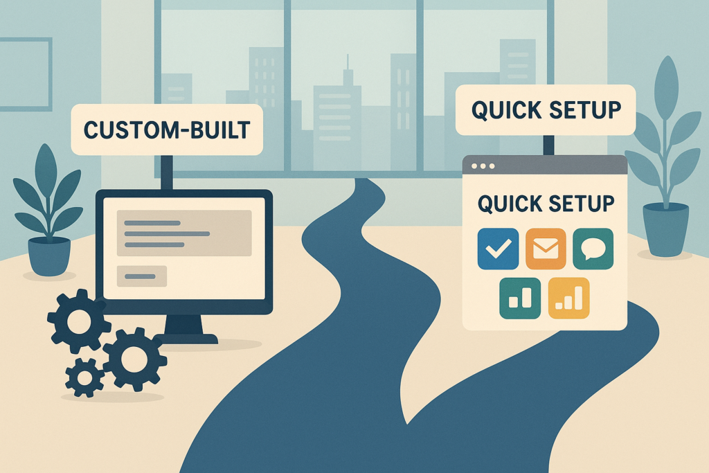 Illustration comparing custom app development and off-the-shelf software for workflow solutions in a business setting.