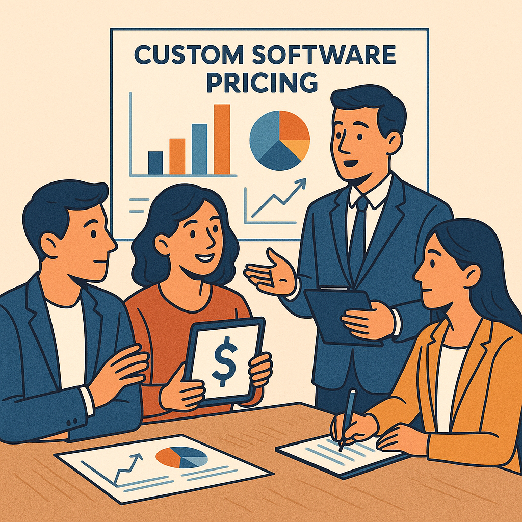 Business team reviewing project costs and charts, illustrating custom software pricing and budgeting considerations.
