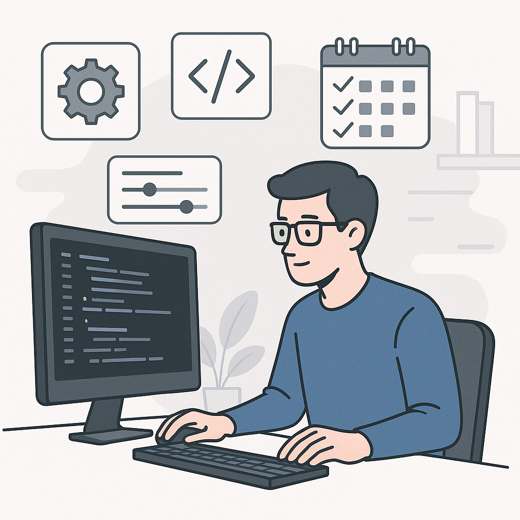 Illustration of a developer working on custom software with icons for coding, customization, and planning.