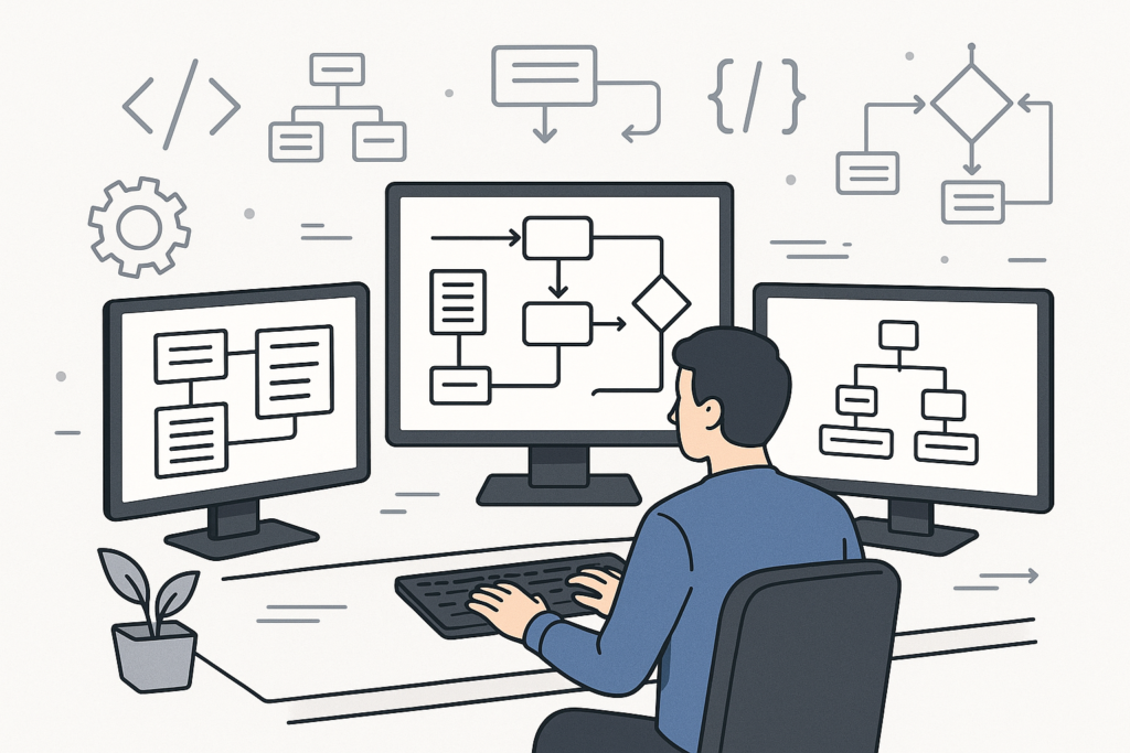 Illustration of a developer creating bespoke software with coding and diagram visuals on screens, emphasizing customization and development.