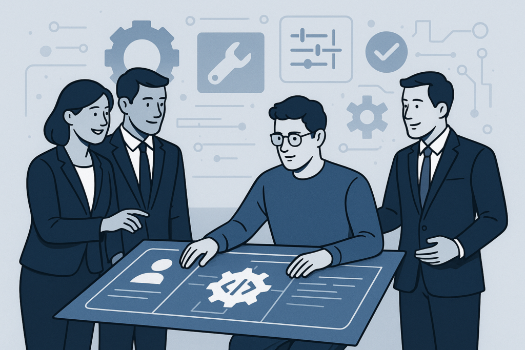 Business team working with a developer on custom software design, illustrating bespoke software development concepts.