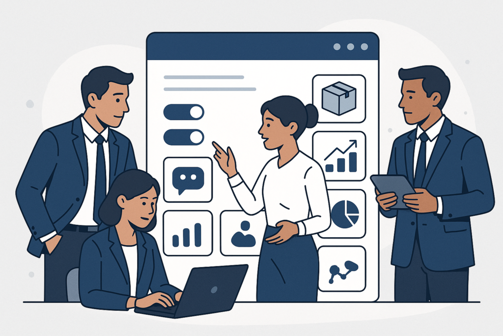 Team collaborating around a digital interface with customizable software icons representing different business solutions.