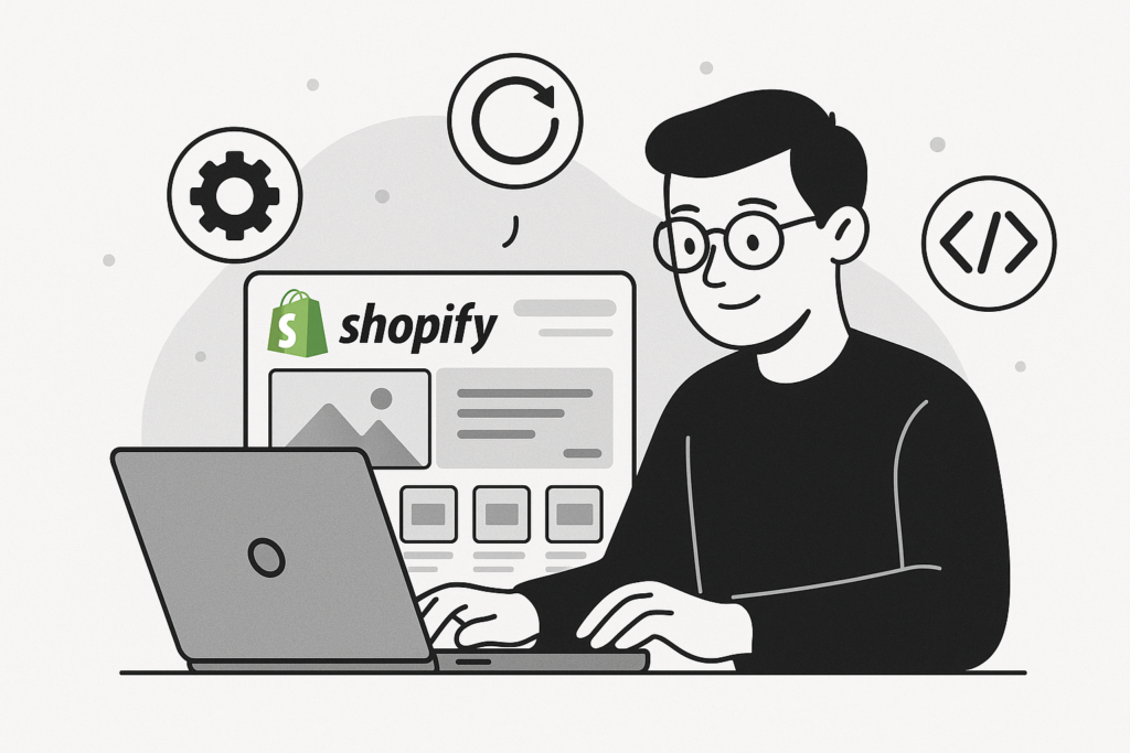 Developer working on a Shopify store with icons for customization and automation, representing app development and integration.