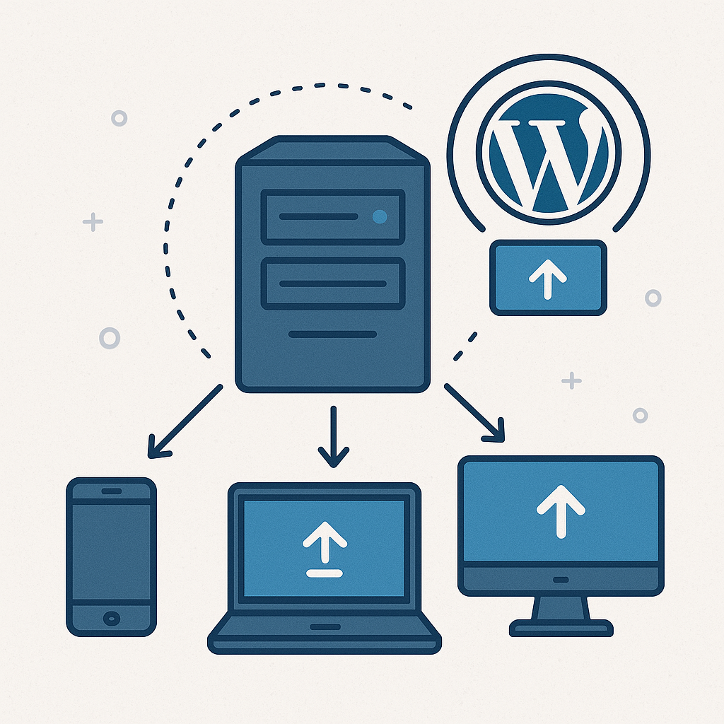 Illustration showing a server connected to devices and a WordPress logo, representing plugin update management.