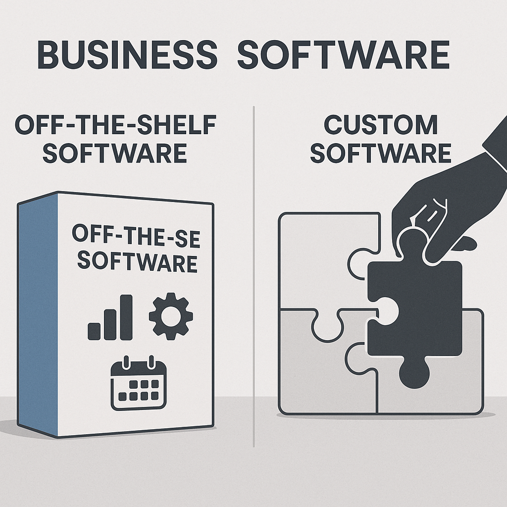 Illustration comparing off-the-shelf software as a ready-made box and custom software as a puzzle piece fitting into a business puzzle.