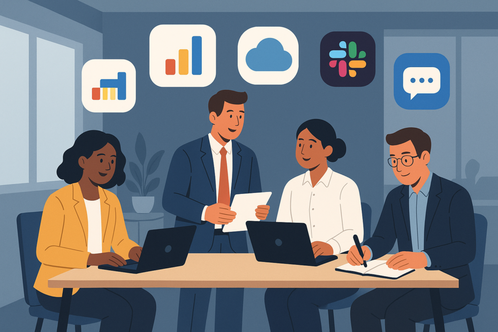 Illustration of business team using various software tools on digital devices in an office setting.