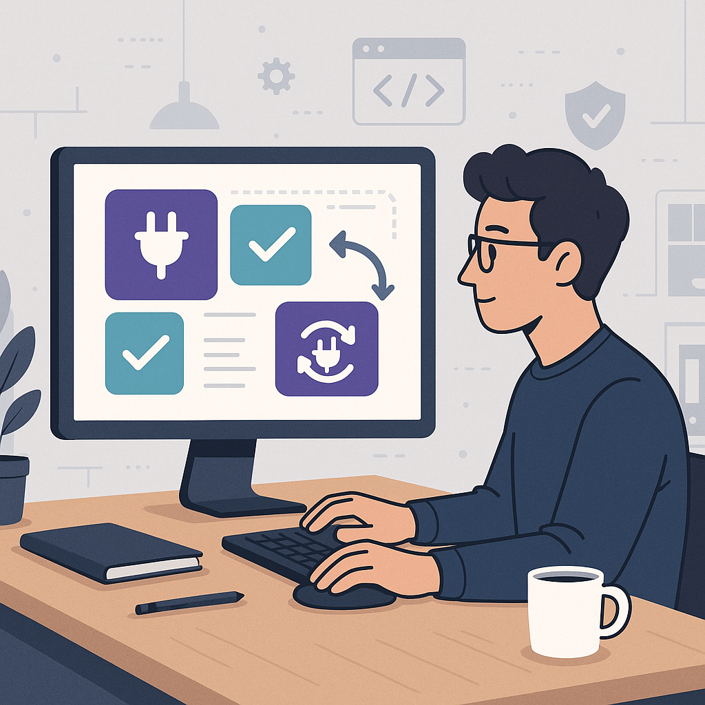 Illustration of a developer managing plugin updates on a computer with icons and checkmarks, symbolizing simplified plugin management.