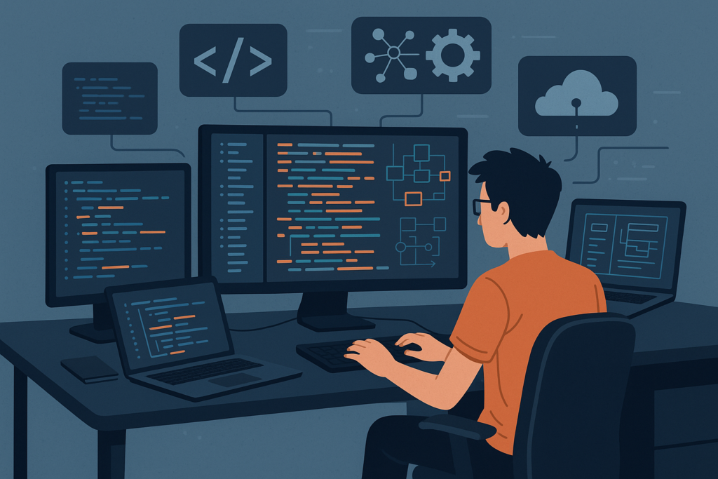 Illustration of a developer with screens showing complex code and tech icons, representing rising costs in custom software projects.