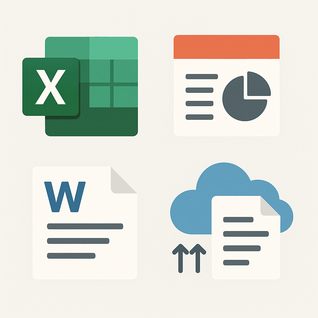 Illustration of different business software icons like spreadsheets and documents representing off-the-shelf solutions.