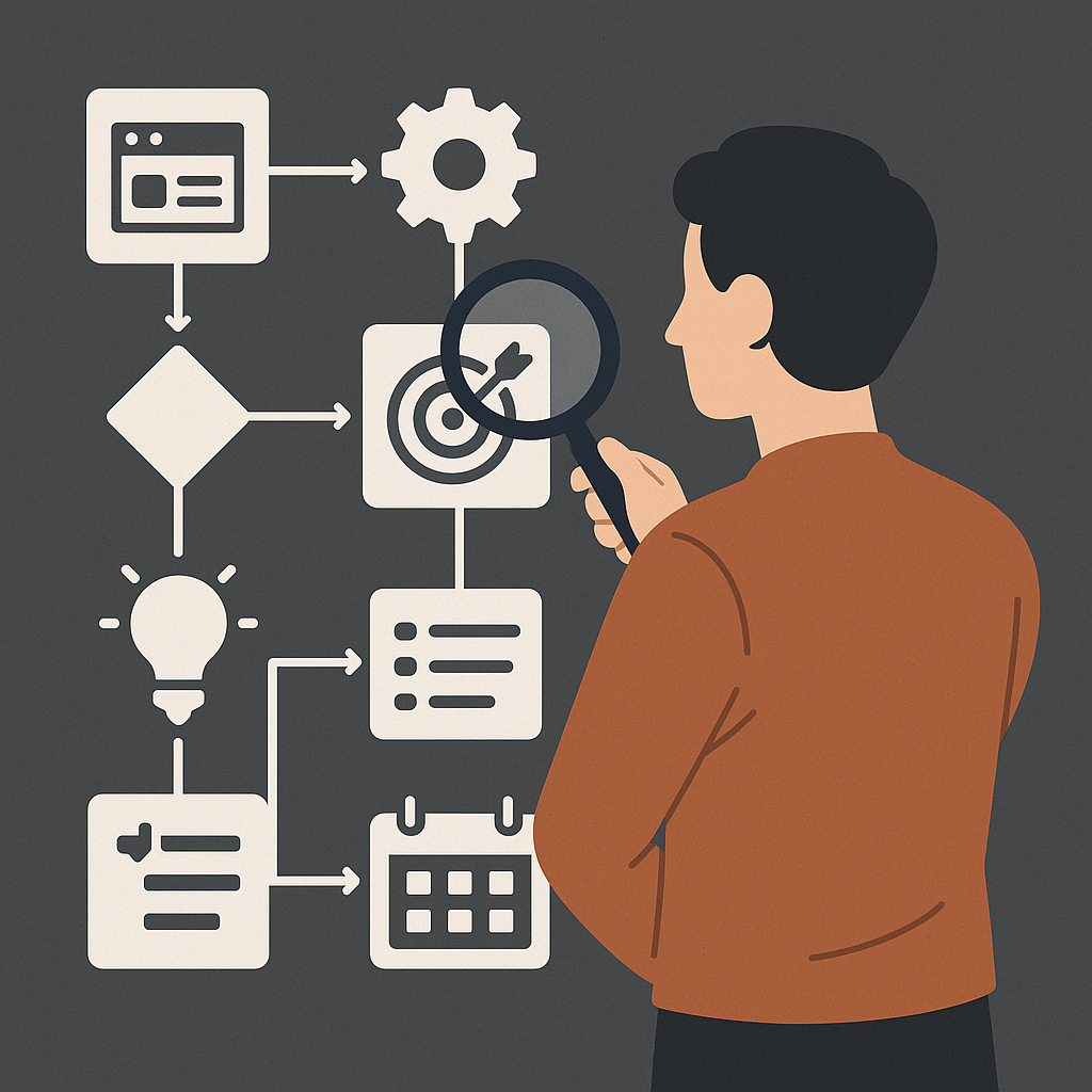 A person reviewing a digital flowchart of software features and project scope for cost estimation.