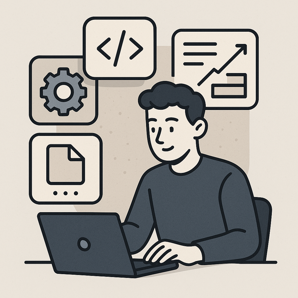 Illustration of a developer managing software features and project complexity with visual icons, representing development costs.