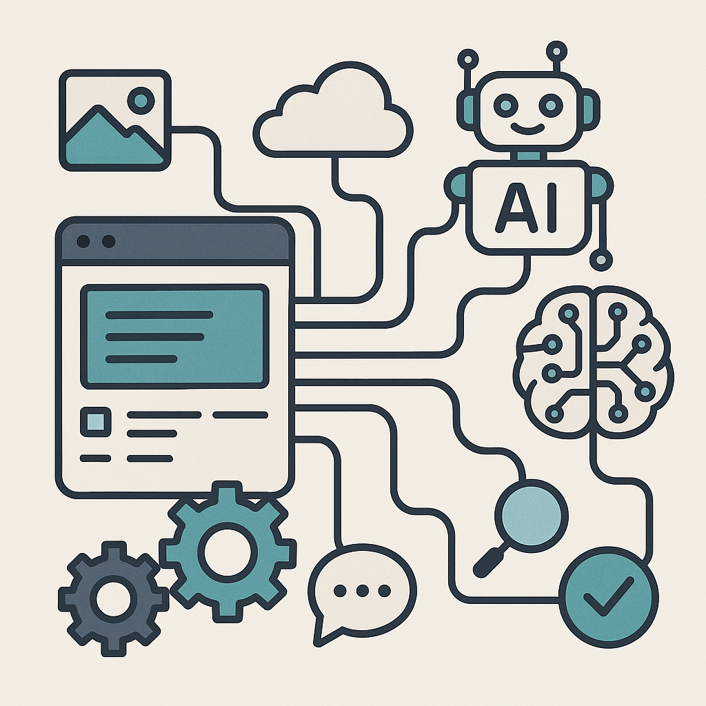Illustration of digital features, AI elements, and gears representing custom software complexity and AI integration.