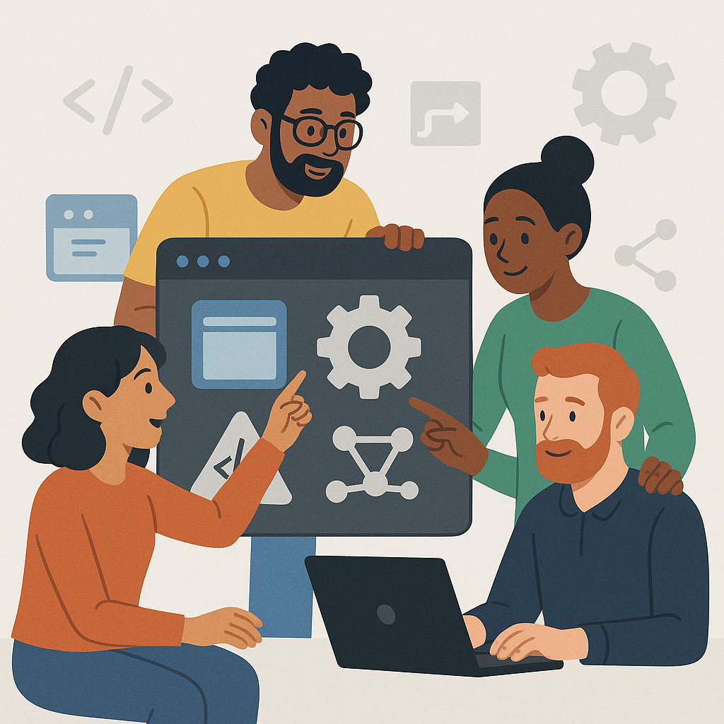 A team of developers working on software design with icons symbolizing complexity and customization factors.