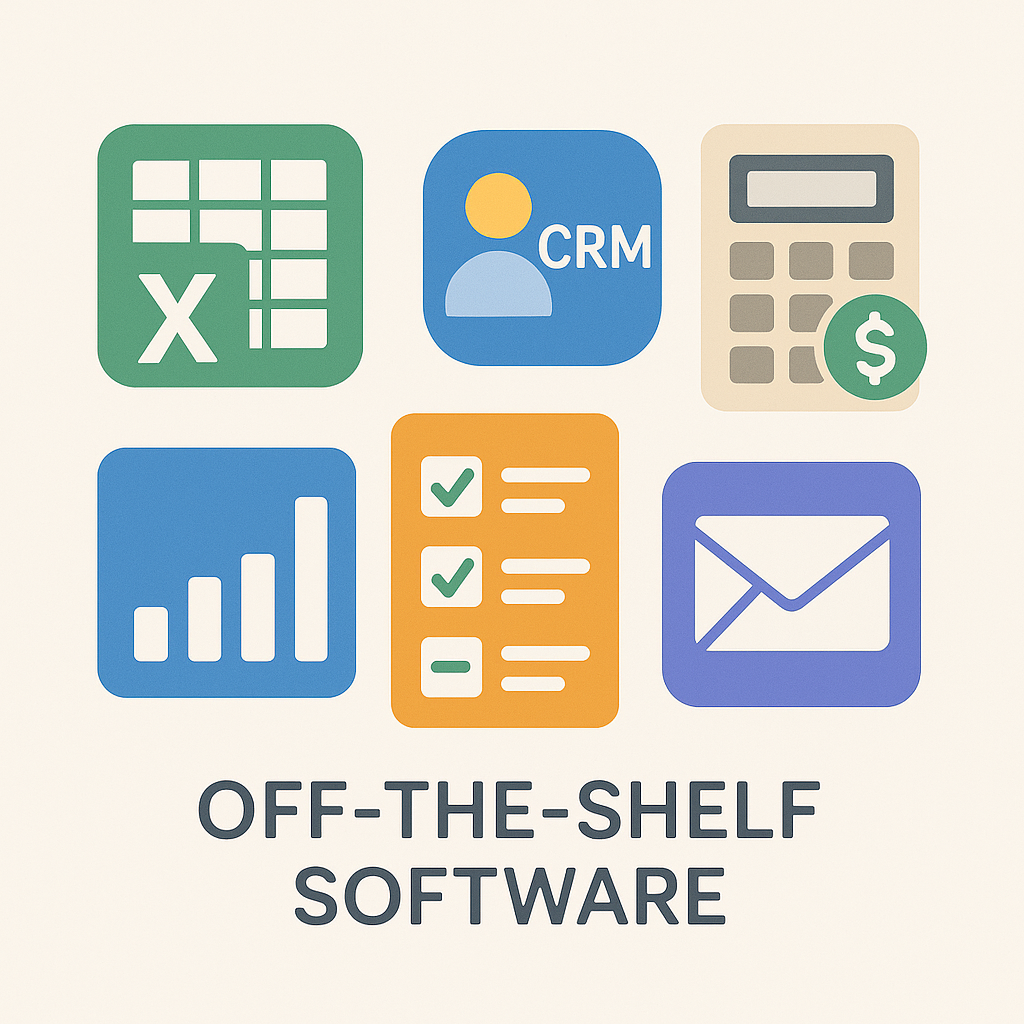 Illustration of diverse business software icons symbolizing off-the-shelf software options for companies.