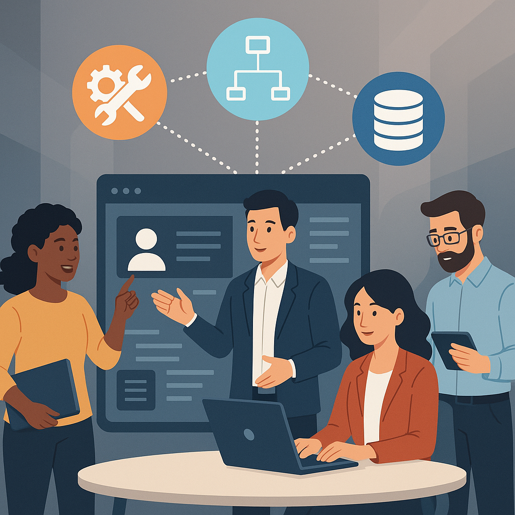 A team collaborating on a digital interface with icons symbolizing custom software and business solutions.
