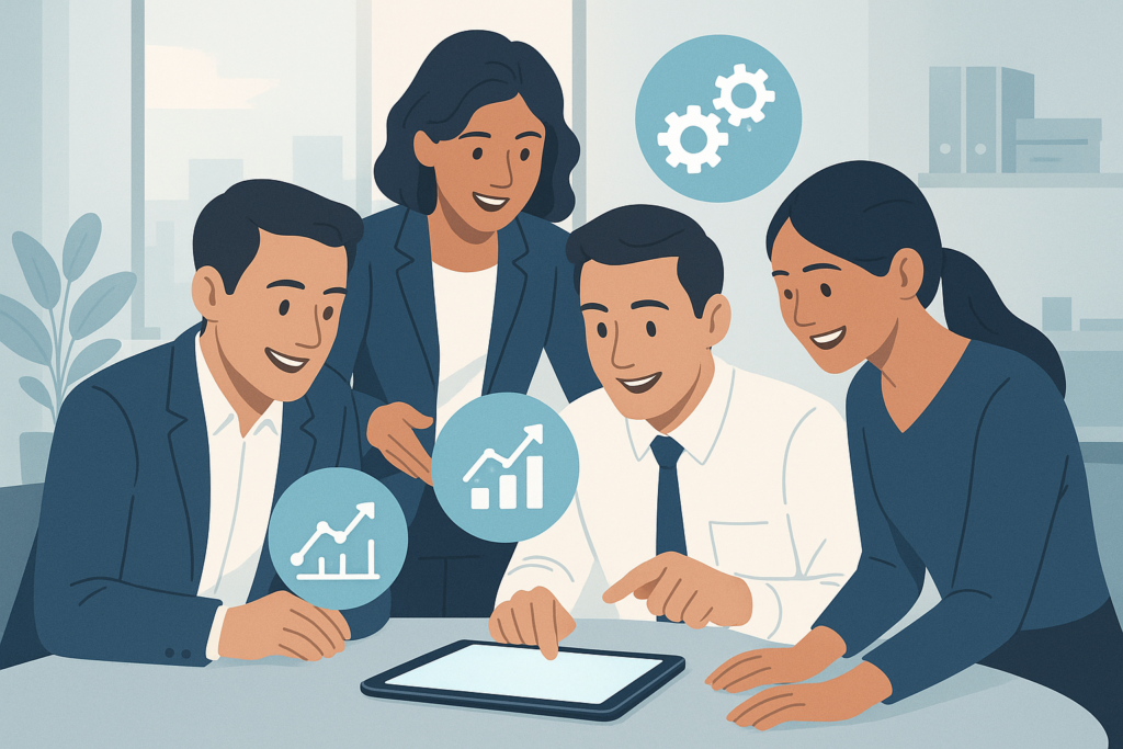 Business team collaborating with digital icons representing growth and technology in a modern office setting.
