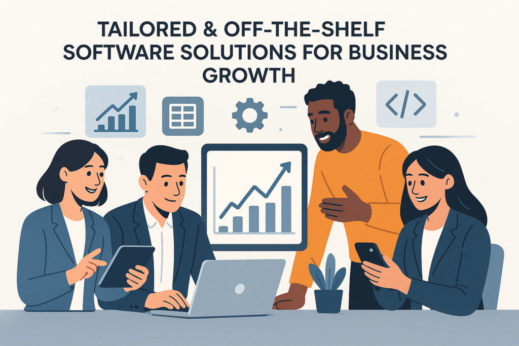 Business team collaborating with digital devices and software icons, symbolizing software solutions for business success.