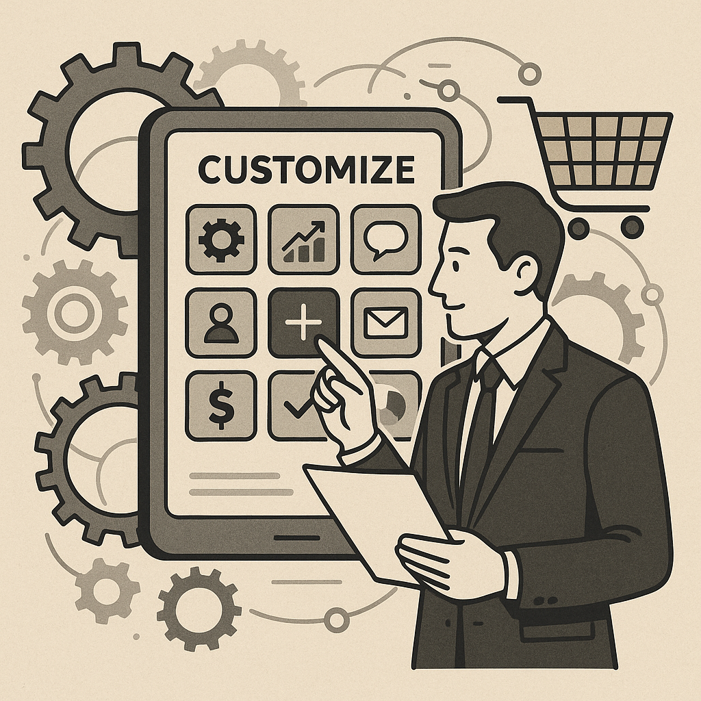 Business owner analyzing a digital dashboard with icons and gears, representing custom Shopify app development for ecommerce.
