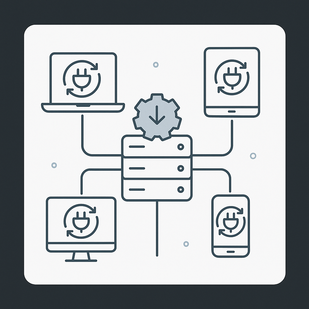 Illustration of a server managing plugin updates for multiple devices, symbolizing centralized update management.
