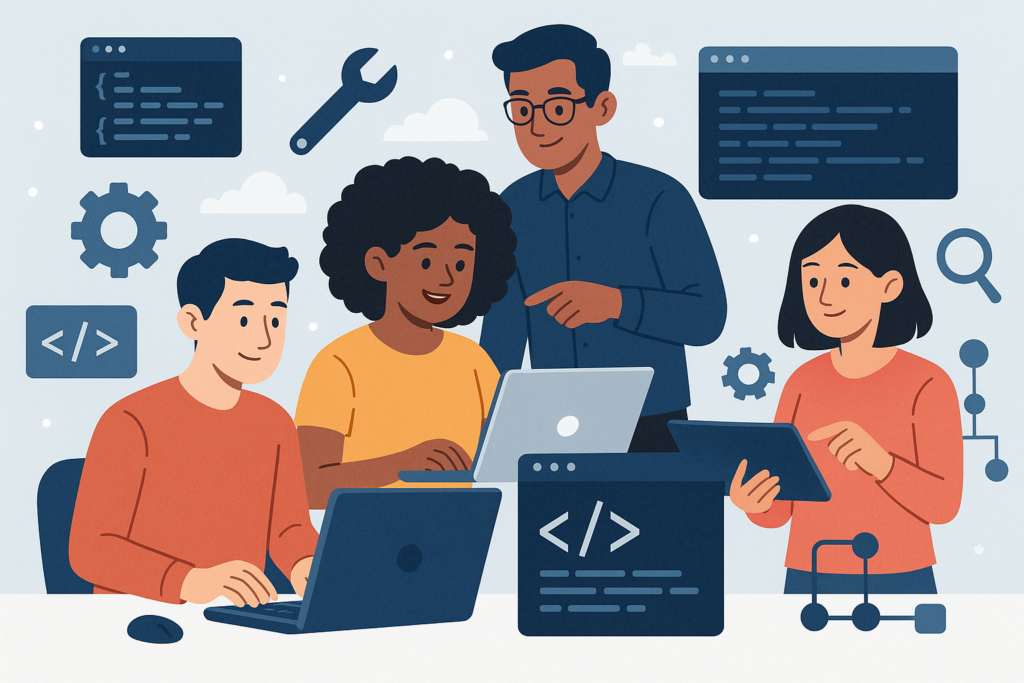 A diverse team of developers collaborating with computers and code, representing complex software development efforts.