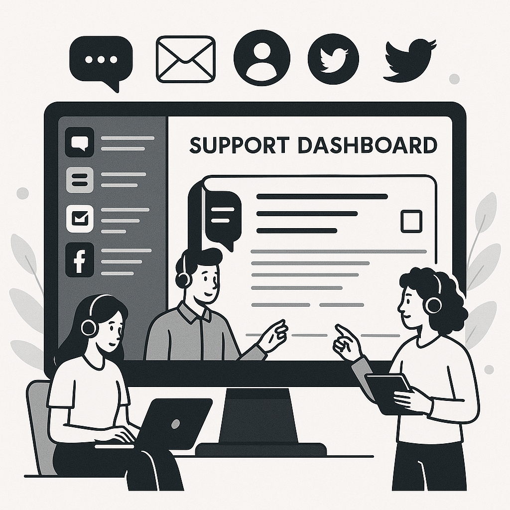 Illustration of a customer support dashboard with chat, email, and social media icons, representing support tools for WordPress and WooCommerce.