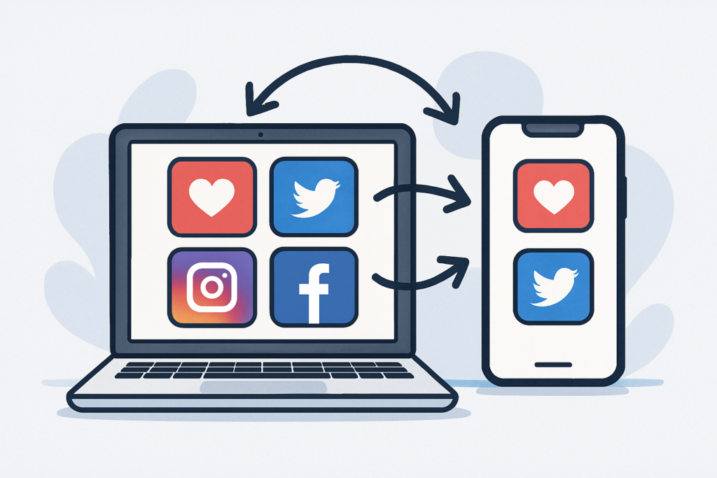 Illustration of devices showing social media icons connected by arrows, representing Instagram automation for WordPress.