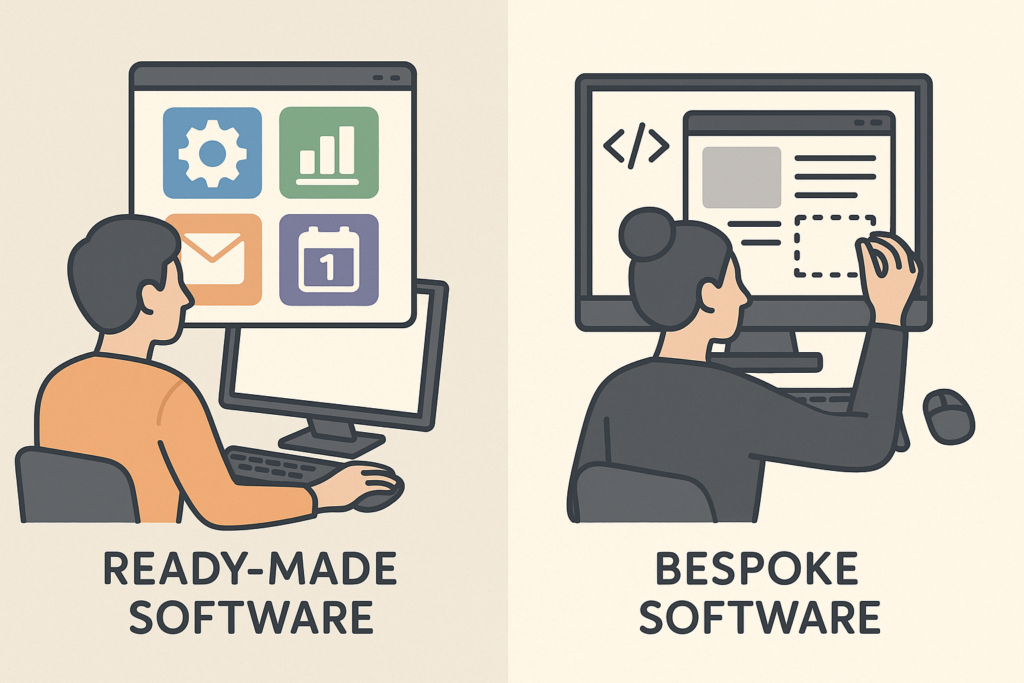 Comparison of off-the-shelf and bespoke software with a user using ready-made software and another customizing a tailored solution.