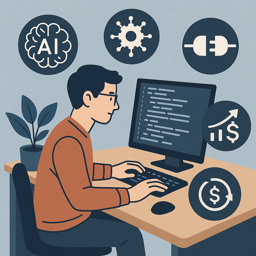 Illustration of a developer with AI and integration icons, representing modern trends in custom software pricing.