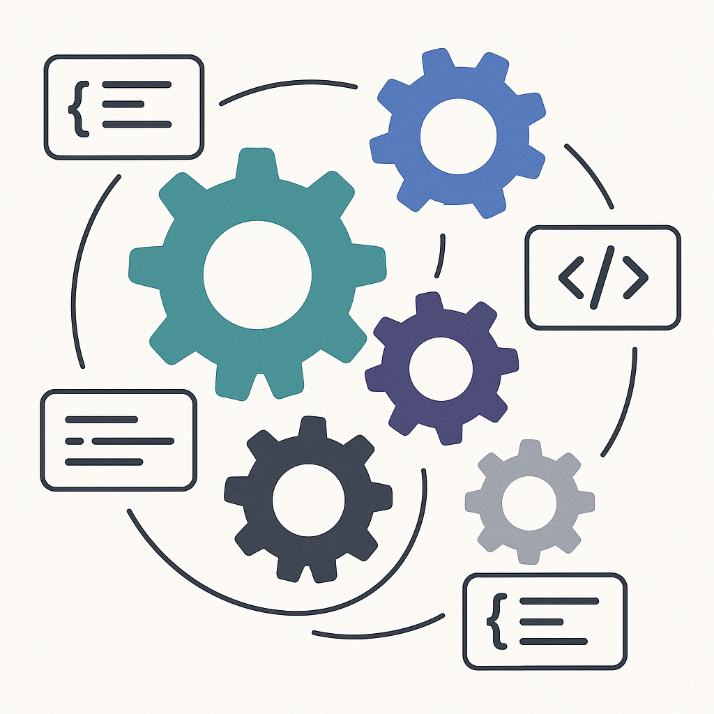 Illustration of gears and code symbols symbolizing custom software development costs and complexity.