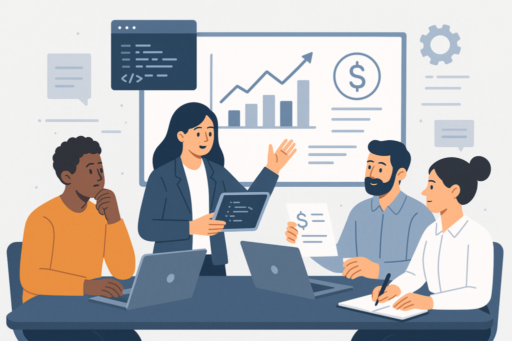 Business team planning software development with charts and digital devices, illustrating project scope and budgeting considerations.