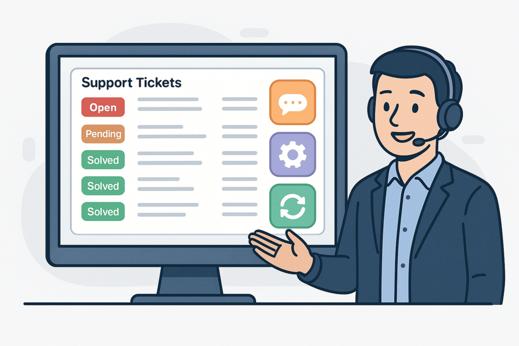 Illustration of a support dashboard with tickets, chat icons, and automation symbols representing customer support for WordPress.