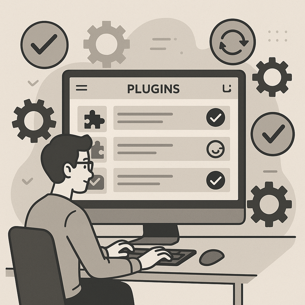 Illustration of a developer's workspace with plugin management dashboard and automation symbols, representing simplified plugin updates.