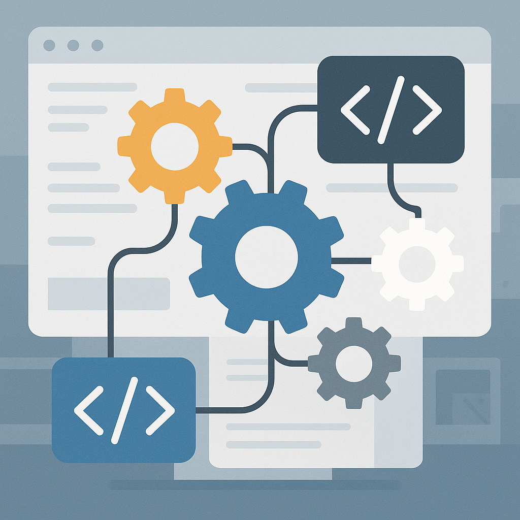 Illustration of gears and code symbols symbolizing software development and automation processes.