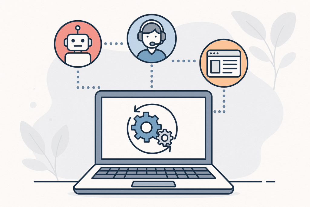 Illustration of a laptop with icons for automation and customer support, symbolizing WordPress site enhancement tools.