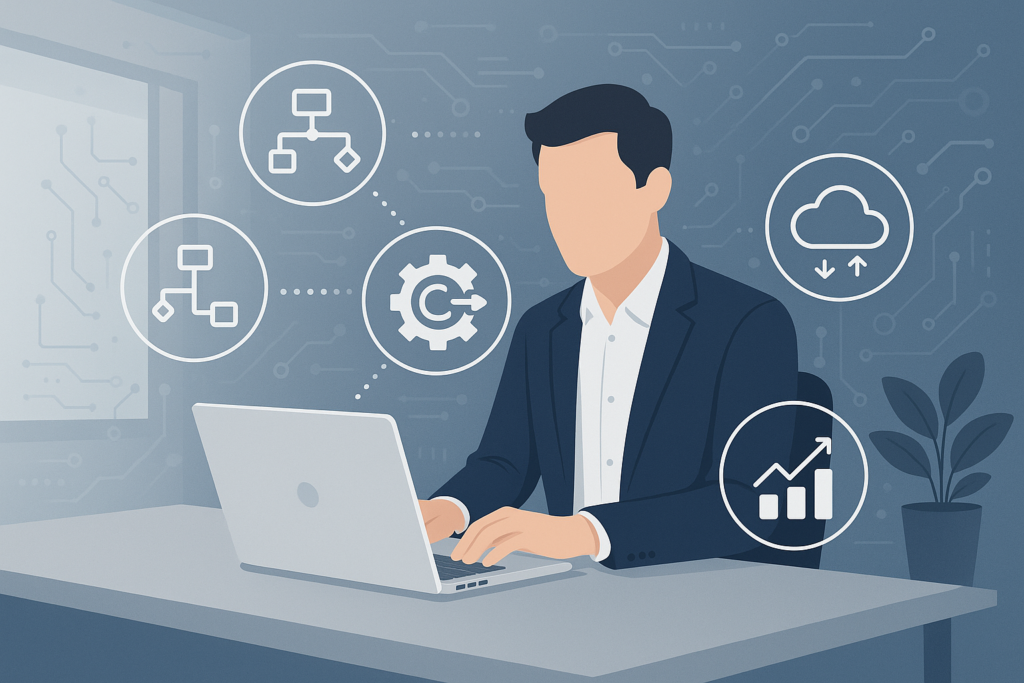 An illustration of a person working on a laptop with digital icons symbolizing automation and workflow optimization.