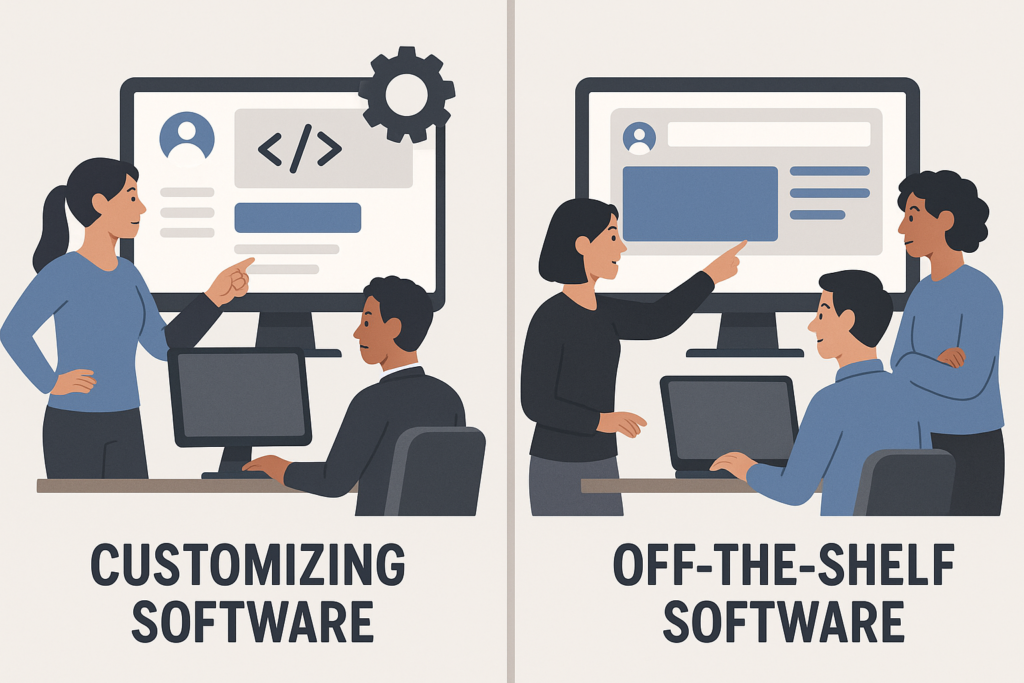 Illustration comparing custom software development with off-the-shelf software solutions for businesses.
