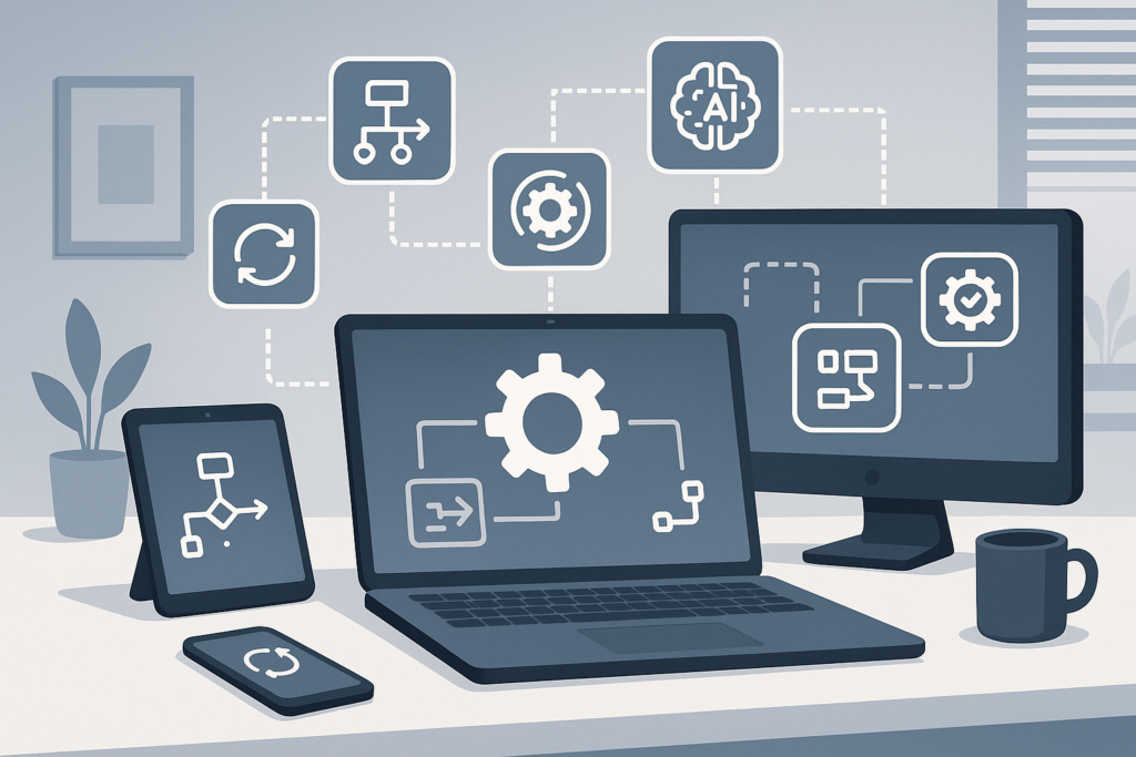 Illustration of a modern office with digital devices showing automation and AI concepts for software solutions.