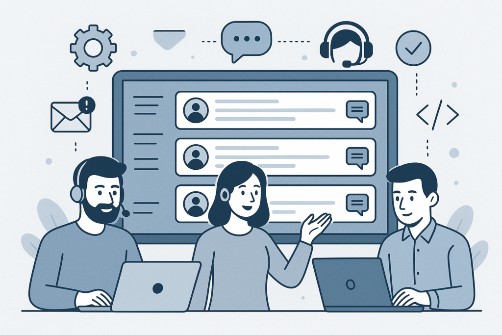 Illustration of a support team managing customer inquiries with support icons and automation symbols on a computer screen.