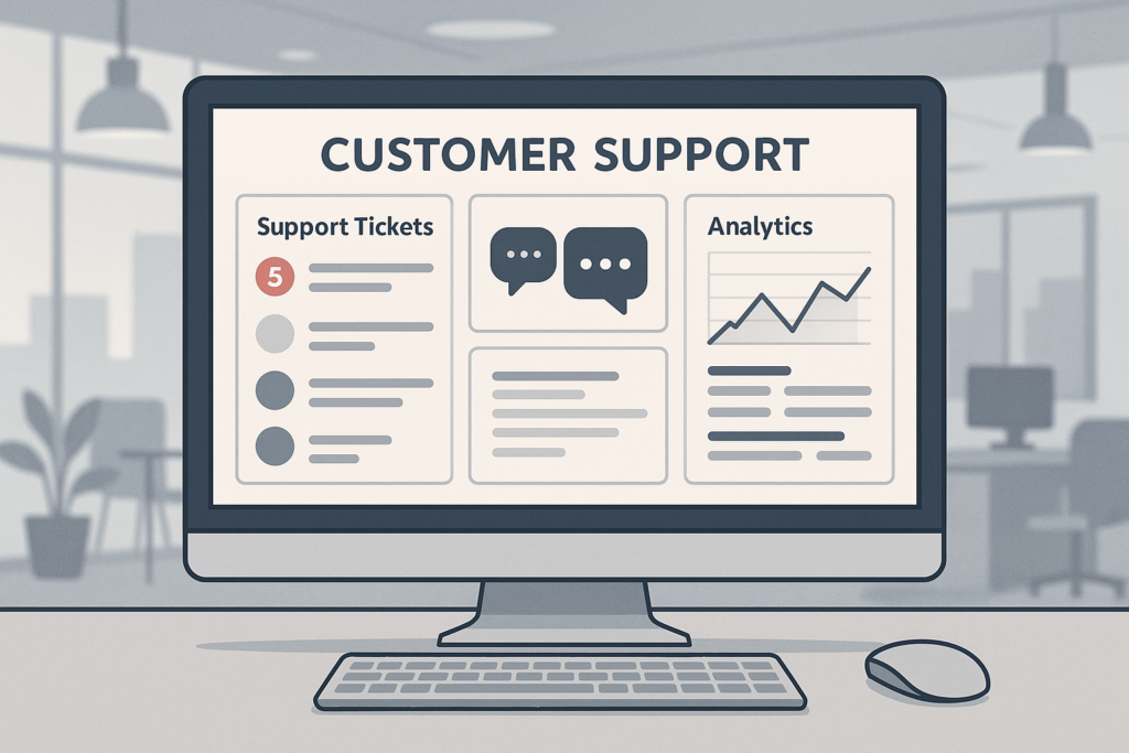 Illustration of a support dashboard with tickets, chat, and analytics on a computer screen, representing customer service solutions.