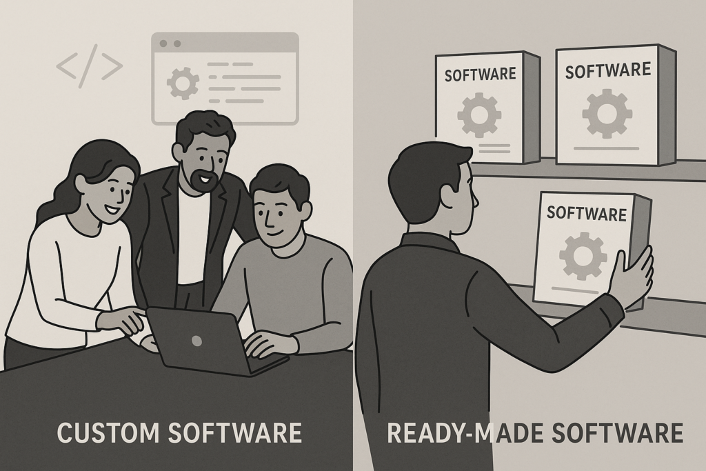 Comparison of in-house software development team and off-the-shelf software selection process.